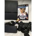 Playstation 2 - Black Slim Line Console c/w 1 x Original Controller, AV Cable PSU and 1 x Game