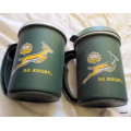 SA RUGBY : 2 INSULATED COFFEE MUGS : ONE WITH LID, ONE WITHOUT :