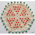 Crochet beaded doilie - milk jug- sugar bowl cover - Red and Green beads - 15cm Diameter