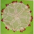 Crochet beaded doilie - milk jug- sugar bowl cover - Red beads (some broken) - 17cm Diameter