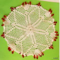 Crochet beaded doilie - milk jug- sugar bowl cover - Red beads (some broken) - 17cm Diameter