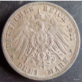 1911 3 Mark Wilhelm II Deutches Reich Prussia Germany Silver Coin