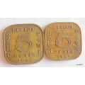 GEORGE VI KING AND EMPEROR OF INDIA - CEYLON - 5 CENTS 1943 and 1944