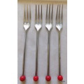 Vintage - 3 Prong Long Handle Forks (4) Red bead top