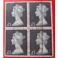GB - Block of 4 - 1 Pound stamps - used - previously hinged