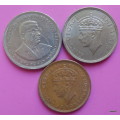 Mauritius - George VI - 5c 1945 (Bronze), 1 Rupee 1951 (Copper-nickel) + 5 Rupees 1991 (Copper-nicke