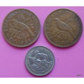 New Zealand - 1952 and 1961 One Penny (Bronze) and 1947 One Shilling (Silver)