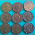 GB - Elizabeth II - 1 Penny x 9 - 1971x2/73/78/83/88/90/93/95 - Bronze