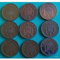 GB - Elizabeth II - 1 Penny x 9 - 1971x2/73/78/83/88/90/93/95 - Bronze