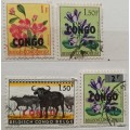 Congo - 1960 Overprints - 4 Used stamps (3 Flowers and 1 Animal)