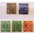 Germany - 1946/48 Allied Control Council - Numerals - 3 Used and 2 Unused (all Hinged) stamps