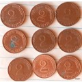 Germany - Fed Republic - 1967-2001 - 2 Pfennig (magnetic) - Copper clad iron (9 coins various dates)