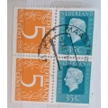 Netherlands - Queen Juliana and Numeral - Block of 4 Used Booklet Stamps