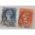 Netherlands - Queen Wilhelmina Jubilee 1898-1923 - 25th Anniversary - 2 Used stamps