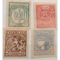 Ukraine - 1918 - Shahiv Issue - 4 Unused Imperforate stamps (Hinged)
