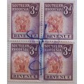 Southern Rhodesia - Coat of Arms - 3d Revenue - Block of 4 Used.