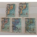 Mozambique - 1954 - Map of Mozambique - 5 Used stamps