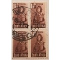 Union of South Africa - 1942-44 - 1 1/2d War Effort (Reduced Size) - Block of 4 Used stamps