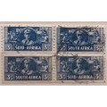 Union of South Africa - 1942-44 - 3d War Effort (Reduced Size) - Block of 4 Used stamps