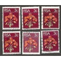 Republic of South Africa Grouping of  2nd Definitive 3c Geranium. Post mark / Cancel