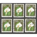 Republic of South Africa Grouping of  2nd Definitive 4c Arum Lily. Post mark / Cancel
