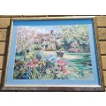 Framed Handmade Tapestry of a cottage and a Garden-Wall Decor