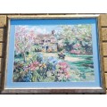 Framed Handmade Tapestry of a cottage and a Garden-Wall Decor