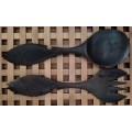 Hand Crafted Salad Serving Fork + Spoon. Probably African Black wood.