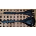 Hand Crafted Salad Serving Fork + Spoon. Probably African Black wood. Crocodile Handle 1986