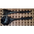 Hand Crafted Salad Serving Fork + Spoon. Probably African Black wood. Crocodile Handle 1986