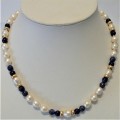 A Delightful Necklace of Lapis Beads, Pearls and 9ct Gold Spacers with a 9ct Gold Clasp