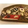 RUSSIAN MILITARY CEREMONIAL UNIFORM HAT, WITH MILITARY BADGES OF ACHIEVEMENTS, GREAT COLLECTORS ITEM