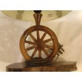 BEAUTIFUL LAMP WITH OX WAGON WEEL AS CENTRE PIECE, BLACK AND OLIEN WOOD BASE, NICE PIECE !!!