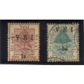 ORANGE FREE STATE, 2 x USED, 1/- ON 1/- & 5/- ON 5/-, NICE STAMPS WITH VALUE, SOLD AS PER SCANS.