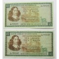 T.W De Jongh  2x R10 notes with both  ENG/AFR and AFR/ENG language variations