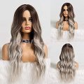 Natural Long Wavy Synthetic Wig for Women Ash Blonde Ombre Wig with Brown Roots Middle Parting Heat