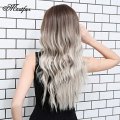 Natural Long Wavy Synthetic Wig for Women Ash Blonde Ombre Wig with Brown Roots Middle Parting Heat