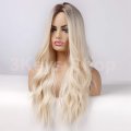 Long Blonde Wigs for Women Synthetic Curly Hair with Dark Roots Middle Parting