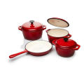 Seven Piece Cast Iron Enamel Cookware Pot Set - Red