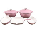 7 Piece Cast Iron Enamel Cookware Pot Set - PINK