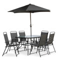 Hazlo 8 Piece Outdoor Folding Dining Round Glass Patio Table Chair Set with Umbrella - Black