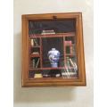 A AMAZING FRAMED BOXED SHELF WITH BOOKS AND PORCELAIN VASE
