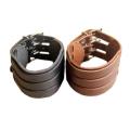 Wide Genuine Leather Unisex Wristband - Brown - 3 Buckle