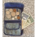 Old VOLKSKAS BANK denim wallet with old south african notes and coins