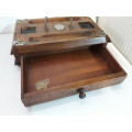 Desk Top Wood and Silver Plate, Pen,Ink Pot Stand, Stationery Drawer Display