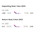 2x Return Flight Tickets from Johannesburg to East London 01 Nov -  08 Nov 2023 (RELIST)