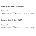 3x Return Flight Tickets from Johannesburg to Durban 29 Aug - 05 Sep 2023 (RELIST)