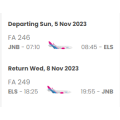 ***DO NOT MISS*** Return Flight Ticket from Johannesburg to East London 05 Nov -  08 Nov 2023