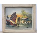 Chinese Junk Ship signed Peter - original oil on board - 26x23cm -see pic