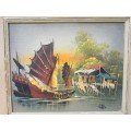 Chinese Junk Ship signed Peter - original oil on board - 26x23cm -see pic